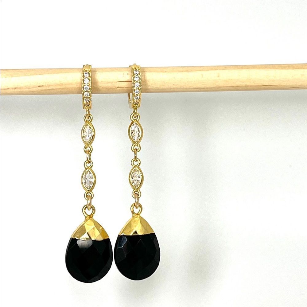 Gold huggie hoop womens statement earrings long dangle drop chain black onyx - Picture 2 of 4